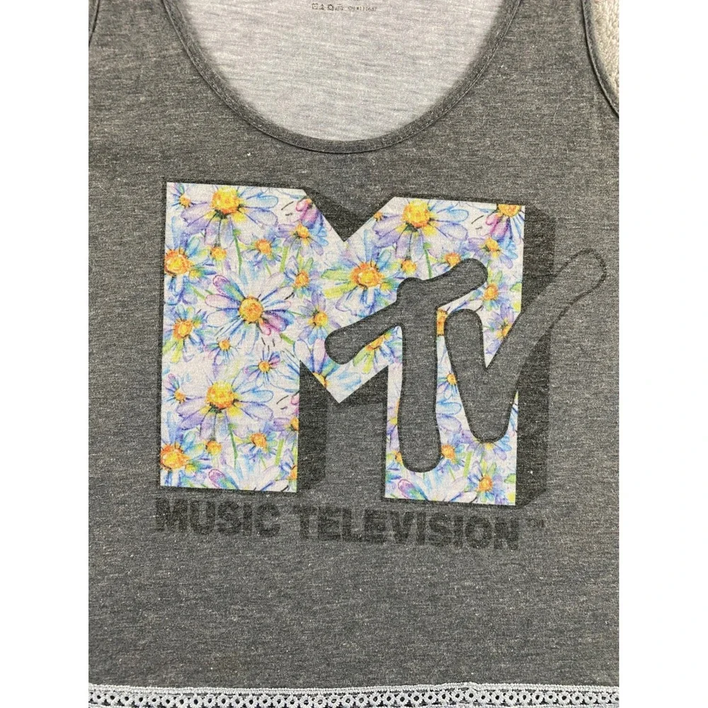 MTV Music Television Floral Logo Graphic Tank Top Grey Lace Trim Womens Medium - Picture 3 of 9